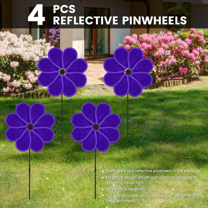 DECEED 4PCS 11.4" W x 28" H Reflective Pinwheels Sparkly Lawn Wind Spinners Colorful Rainbow Windmill for Garden Decoration Bird Devices Deterrent to Scare Birds Away（Purple） - Image 2